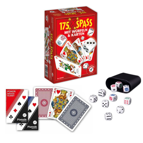 Set pentru jocuri de societate Piatnik, cu 2 pachete de carti de joc, cupa cu 5 zaruri normale si 5 zaruri de poker